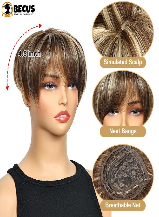 BECUS Brown Hair Topper for Women,Hair Pieces Clip-In 360° 3D Cover, Toppers Short Synthetic Bangs for Thinning Hair, 6.5X6 Daily Wear(Dark Brown with Blonde Highlights) - Image 3